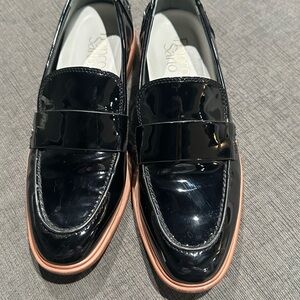 Franco Sarto Shiny Black Loafers with Brown Trim